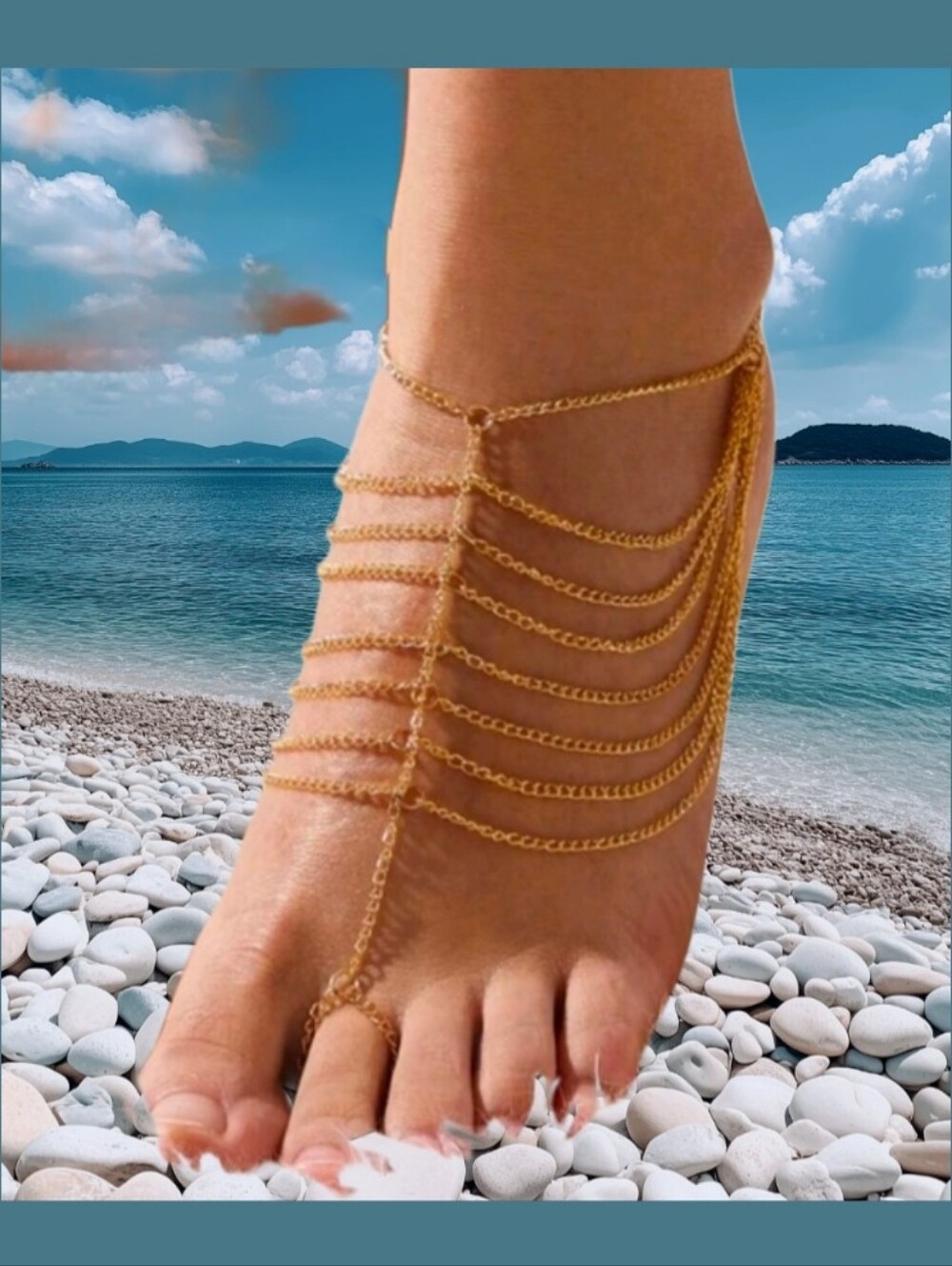 Gold draping Layered Chain strands Barefoot Sandals Anklet Toe Ring - Picture 1 of 1